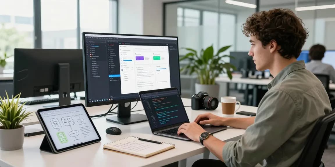 Developer building internal tools with AI in a modern workspace, featuring code on screen and a collaborative environment.