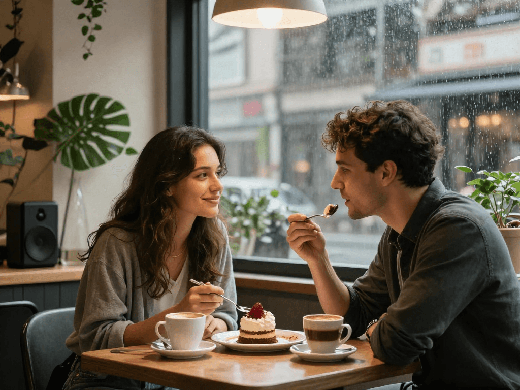Couple enjoying f168 dating experience in cozy café, sharing dessert.